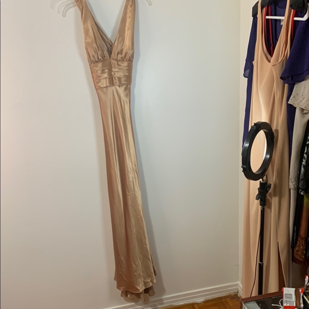 Tan Ruched Plunge Neck Cocktail Gown